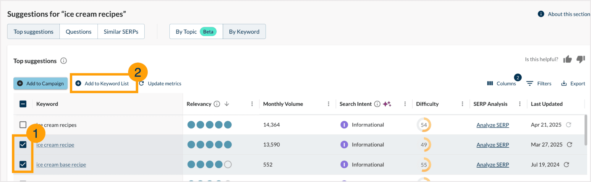 Screenshot of how to select keywords to add to a keyword list.