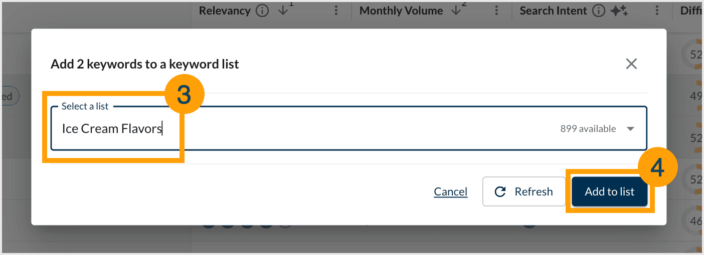 Screenshot showing how to select a keyword list to add keywords to.