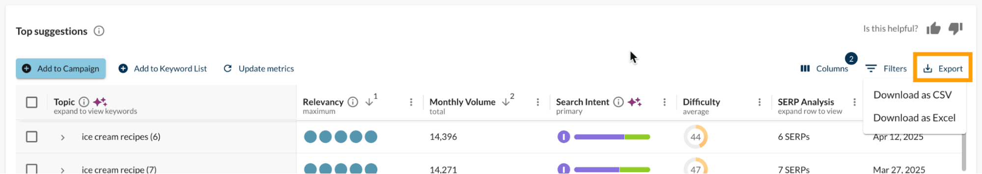 Screenshot of the export button in Keyword Suggestions.