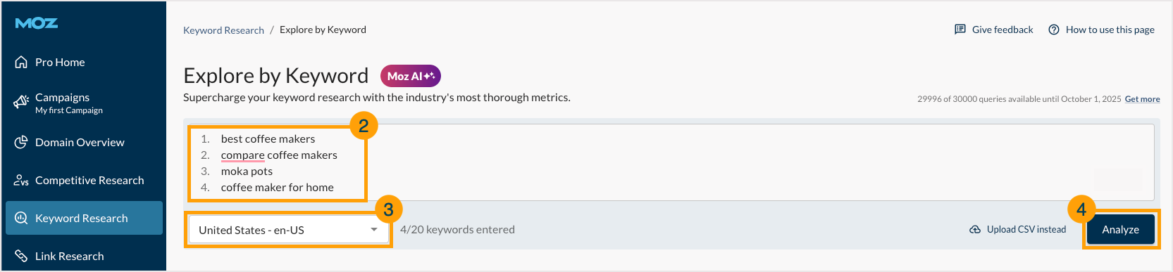 Screenshot of how to get started in Explore by Keyword.