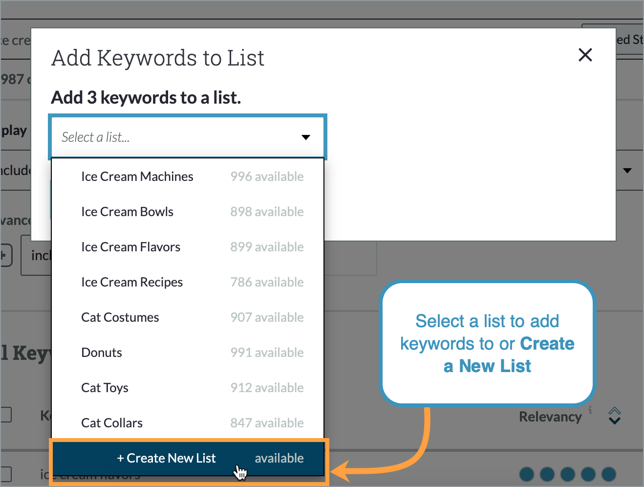 From the popup, select a keyword list or create a new list.