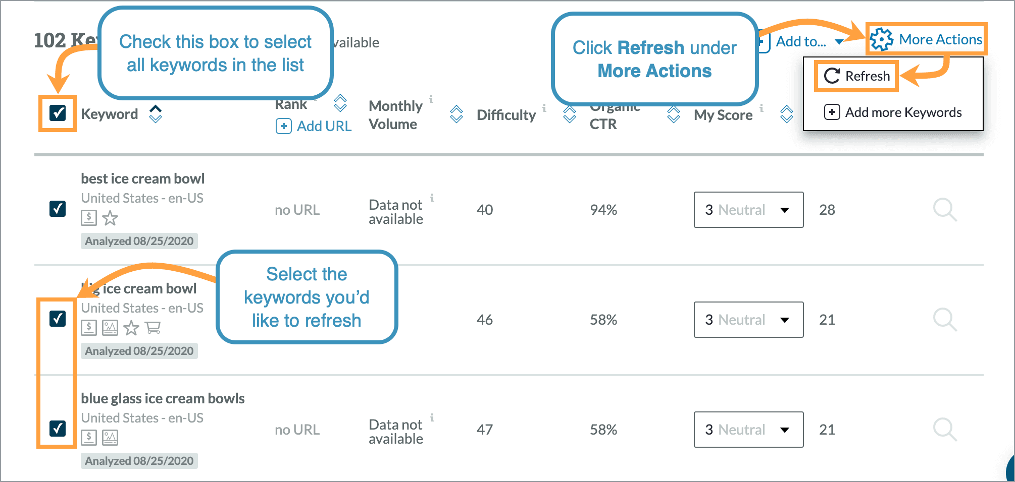 Select the keywords you're like to refresh and then click more actions.