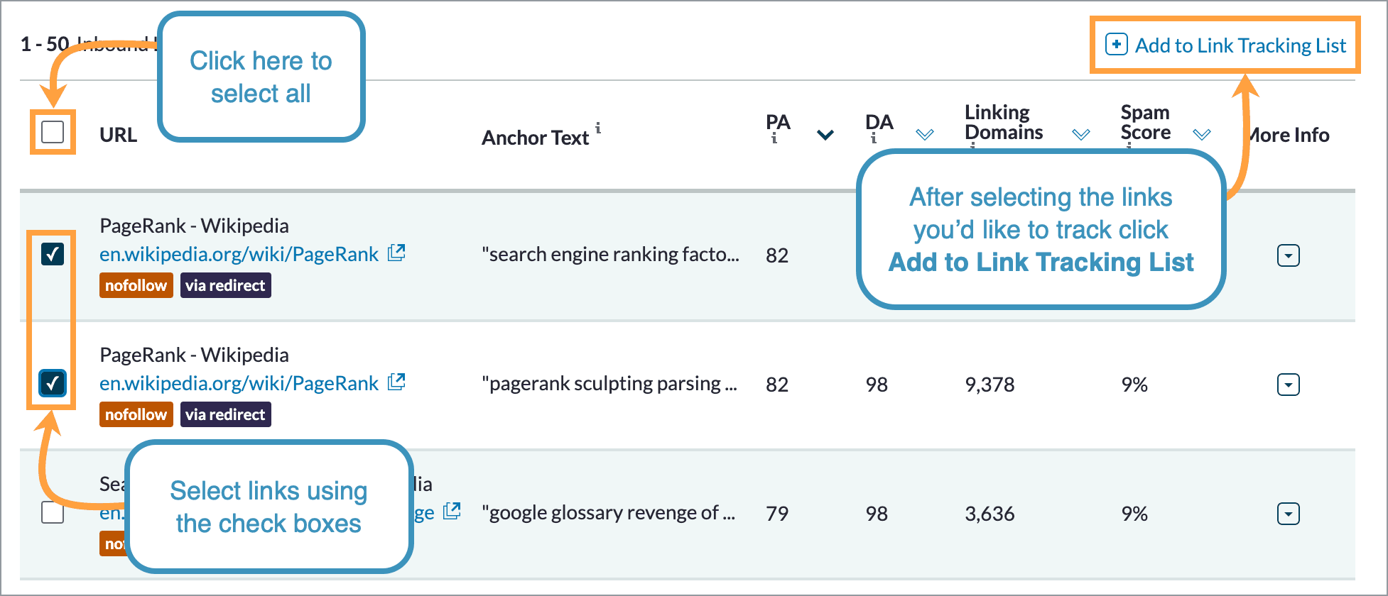 Select links using the check boxes on the left and then click add to link tracking list.