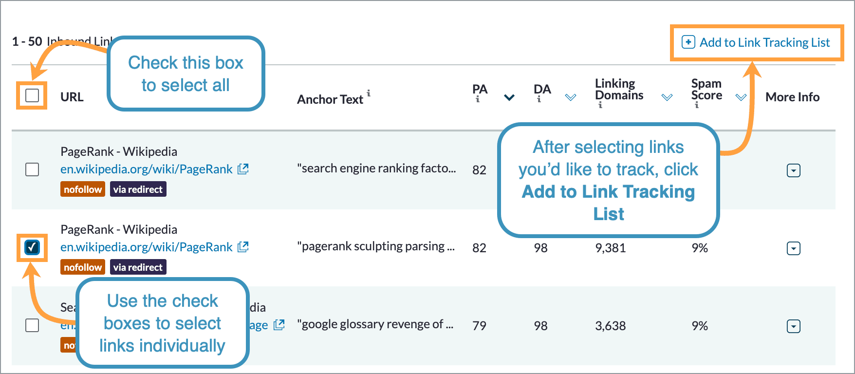 Use the check boxes to select links you'd like to track and then add them to a link tracking list using the button on the top right.