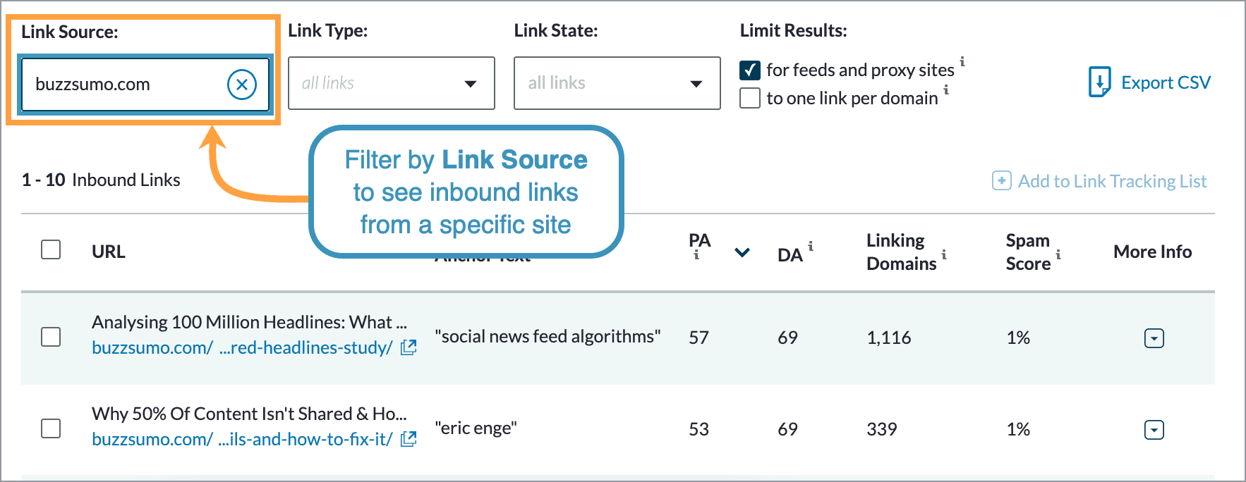 Filter by link source to see inbound links from a specific site.
