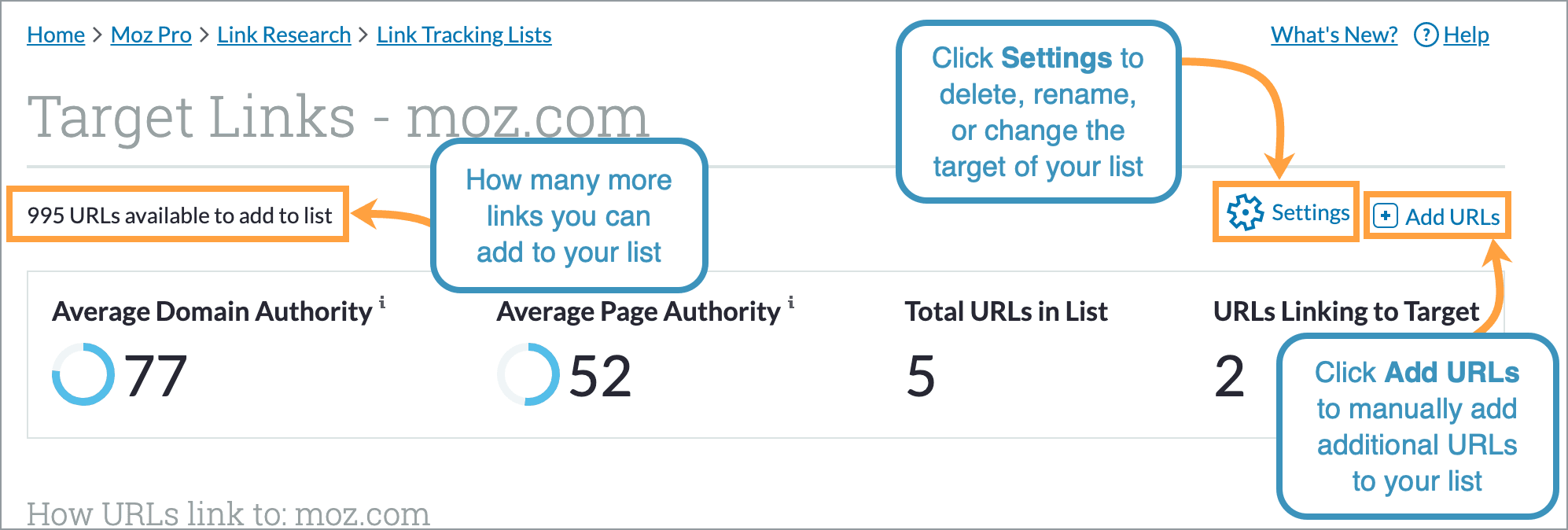 Use the settings button on the top right to adjust your link list settings. You can also add more link to your list by clicking "Add URLs."