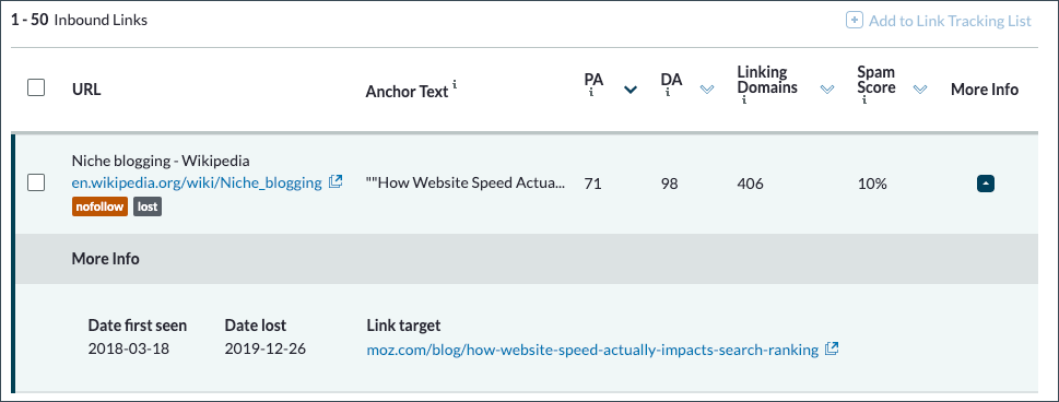 Use the Inbound Links section to find lost links. You can then head to the URL of that page to search for your link.
