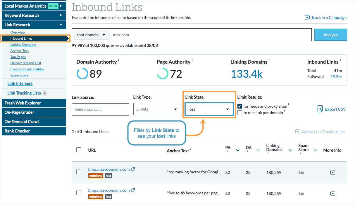 Within the Inbound Links section of Link Explorer you can filter by Link State to see which links have been marked as lost.