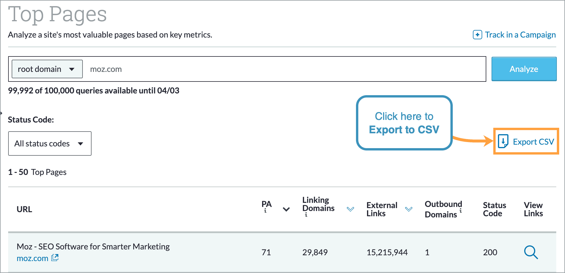 The link to export to CWSV is located to the right of the filter by status code drop-down.