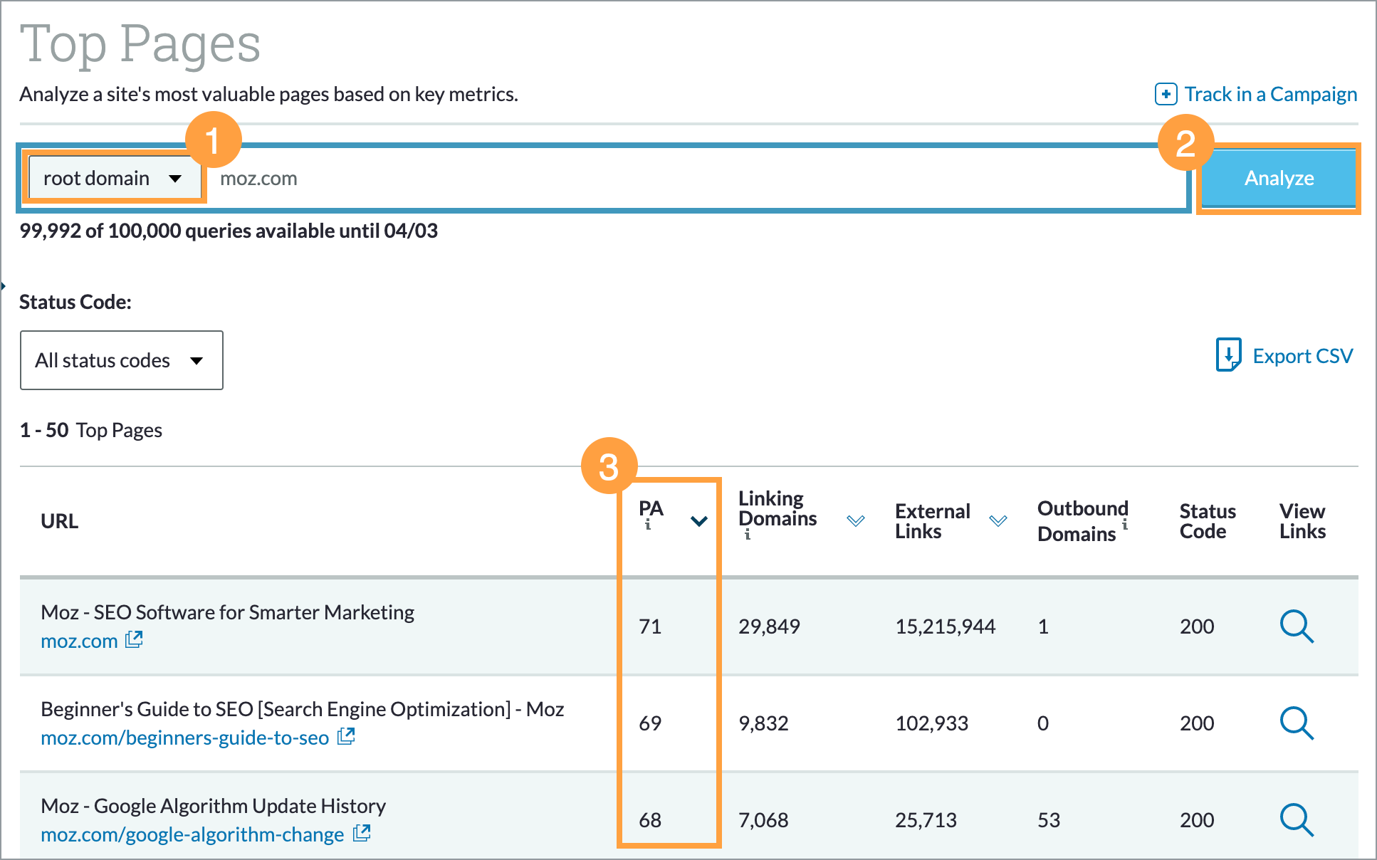 Find the top pages for your site by entering in your root domain and clicking analyze to the right.