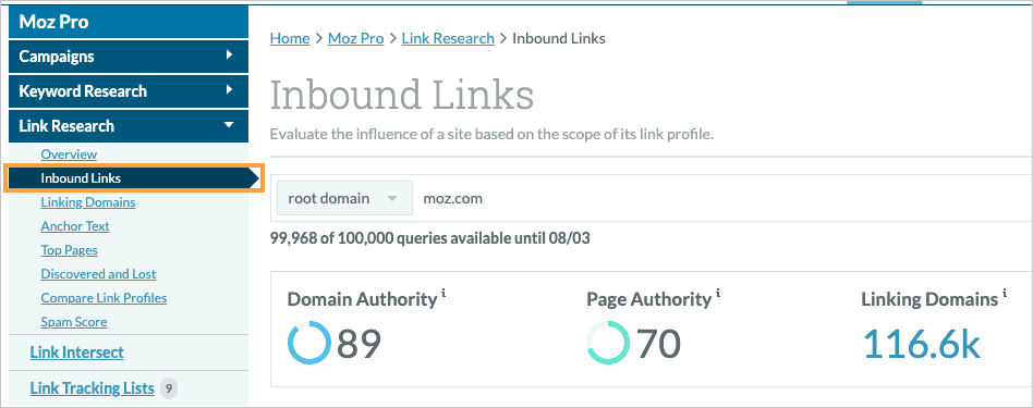 Link Explorer inbound links menu location.