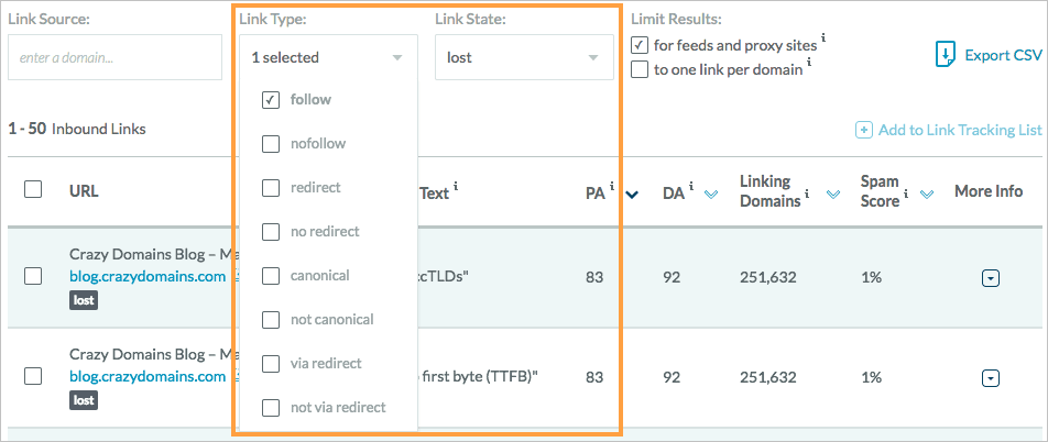 You have the option to filter by link state and link type to further segment your data.
