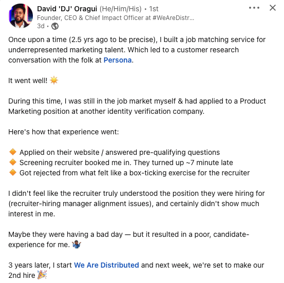 LinkedIn post by David 'DJ' Oraqui narrating his experience building a job matching service