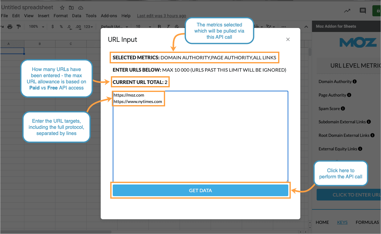 A popup will open allowing you to enter the URLs you'd like to pull metrics for. Be sure to enter them separated by lines.