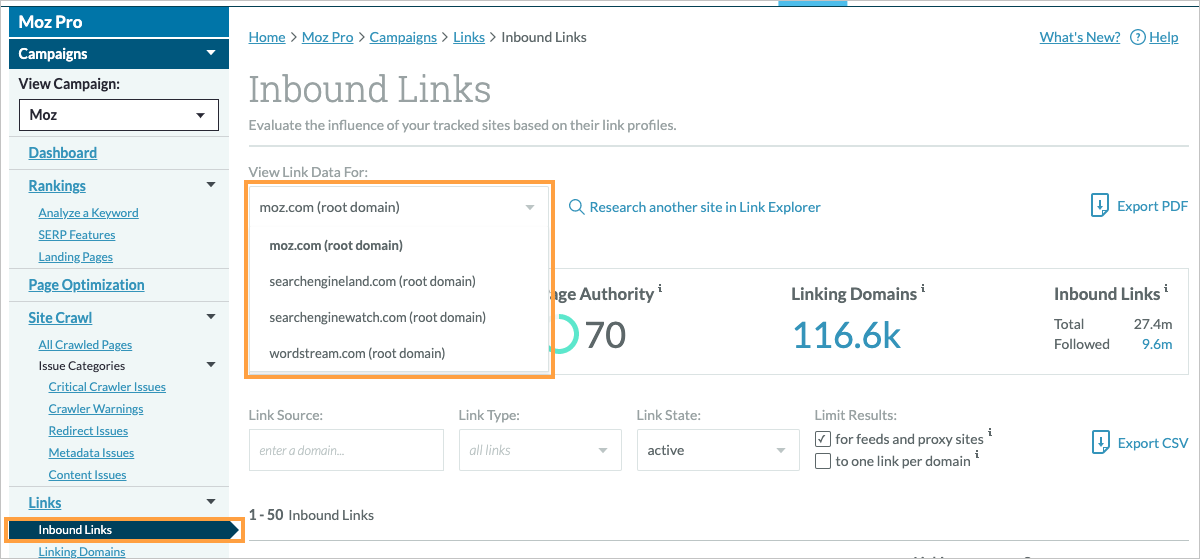 Location of the Inbound Links section of Links in the left-hand navigation menu.