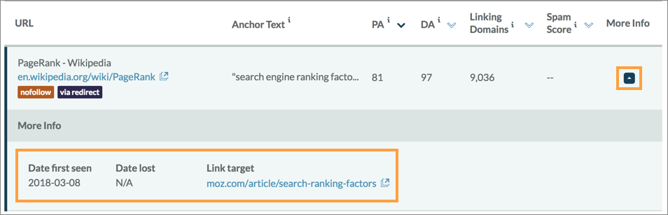 Click the arrow in the more info column to see when this link was discovered.