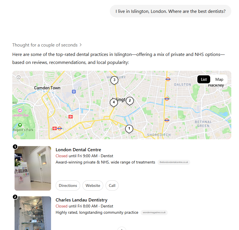 Screenshot of the LLM response to a question about local dentists.