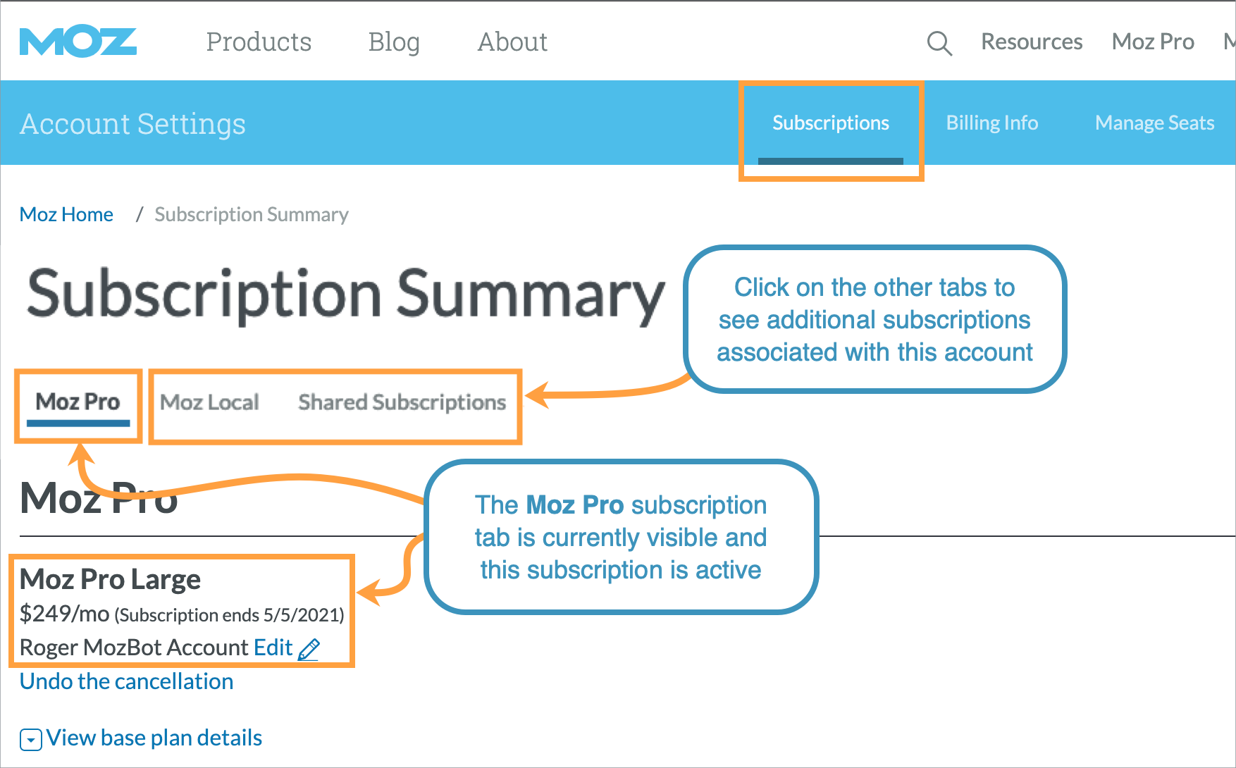 If you have subscription to multiple Moz products, each one will have its own tab available for selection.