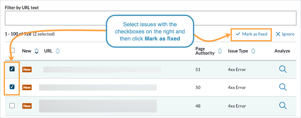 Screenshot of Moz Pro Site Crawl with boxes checked on the left and mark as fixed highlighted.