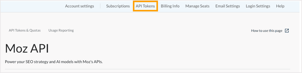 Screenshot of the Moz API dashboard location in the menu.