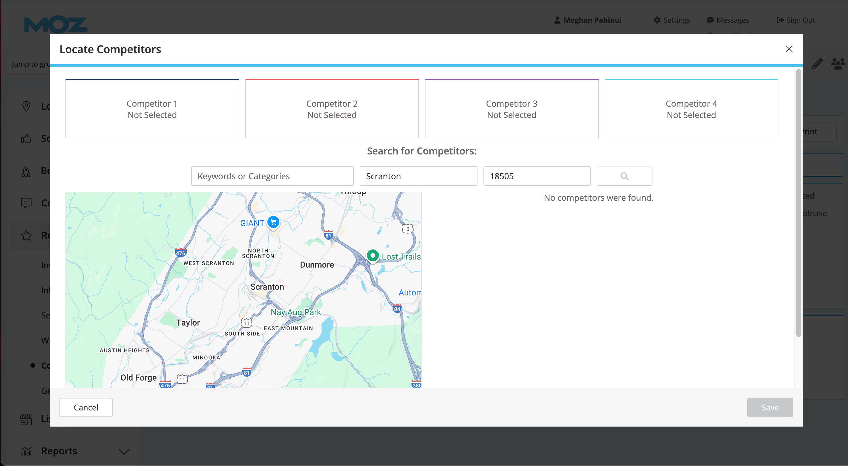 Screenshot of the Locate Competitors pop-up where you can search for and add competitors.