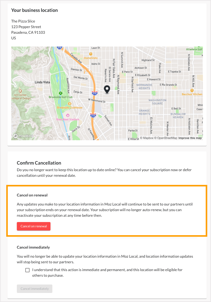 Screenshot of the Cancellation page with Cancel on Renewal option highlighted.