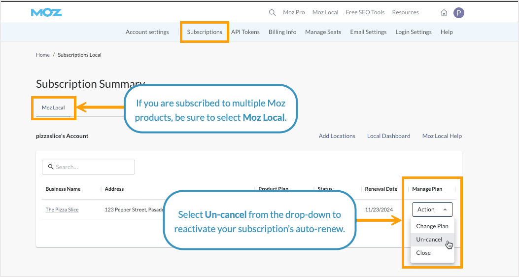 Screenshot of the Subscription summary page showing the option to un-cancel your subscription.