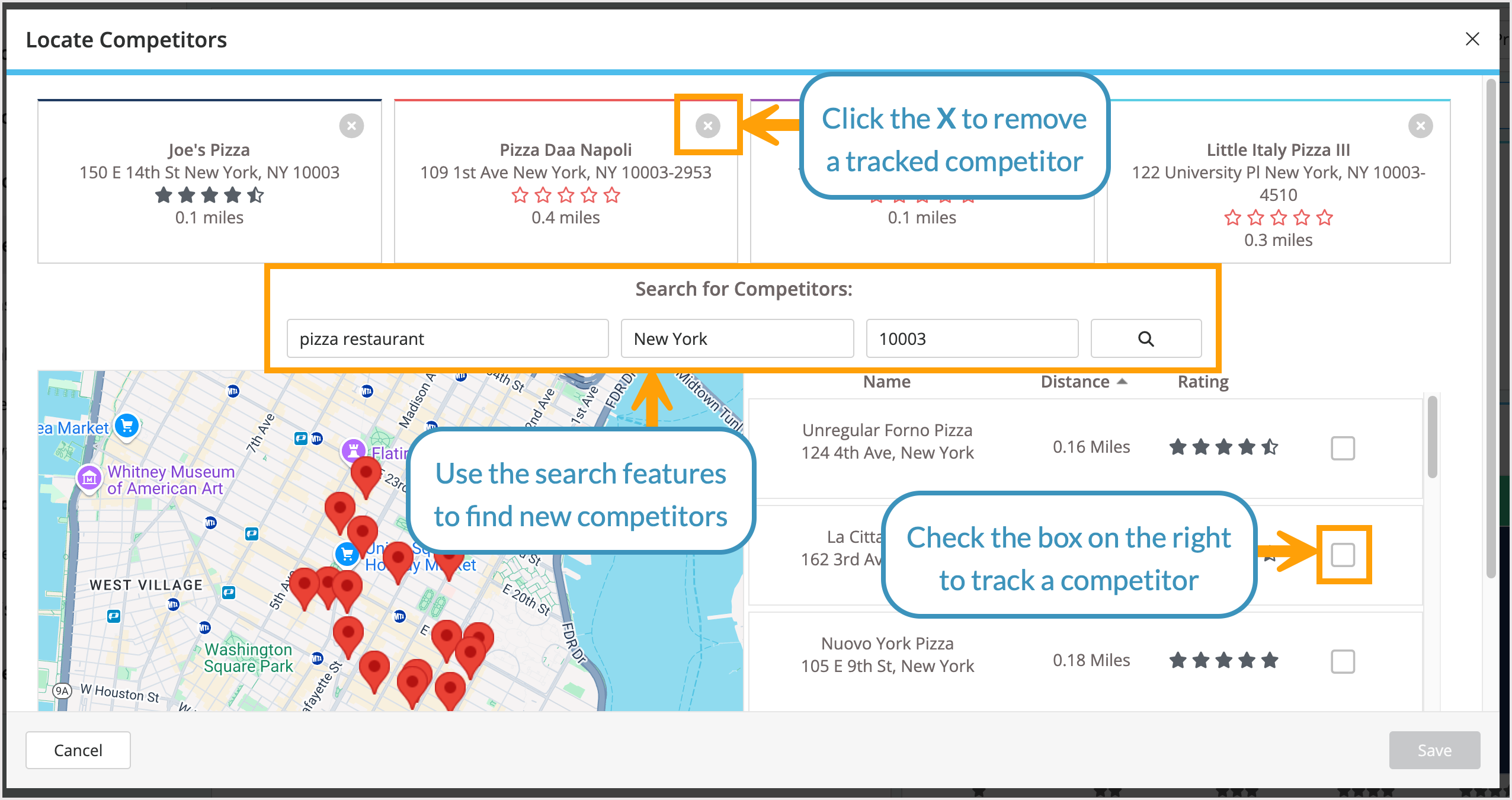 Screenshot showing how to add and remove tracked competitors.