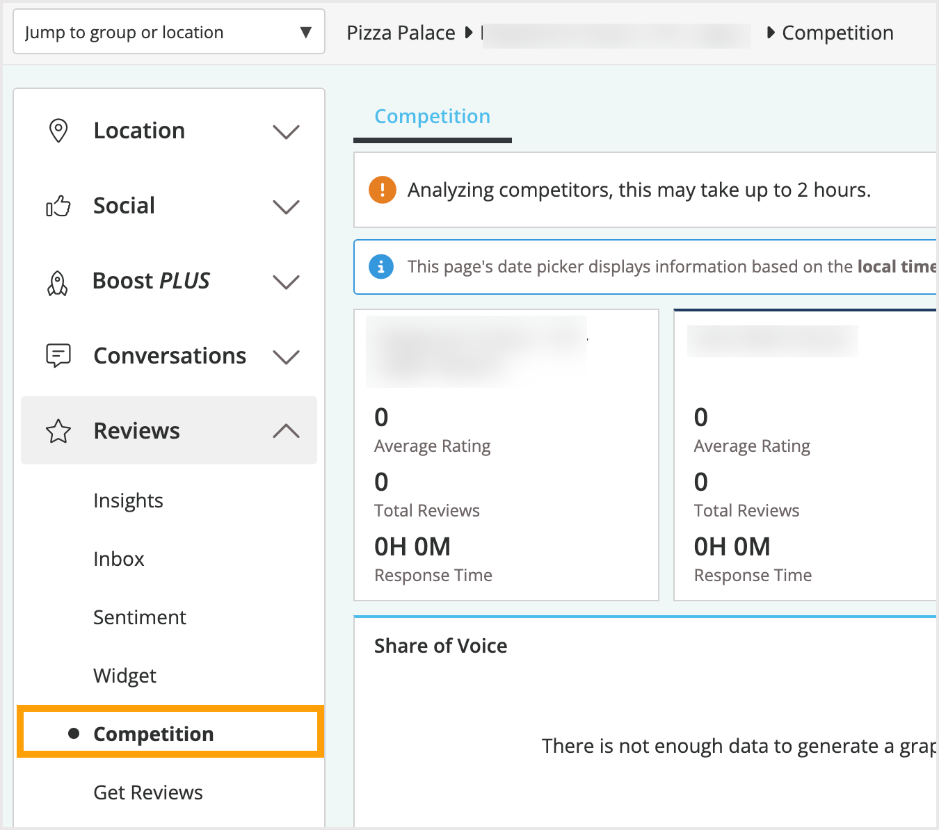Screenshot showing the menu location for Competition in Moz Local.