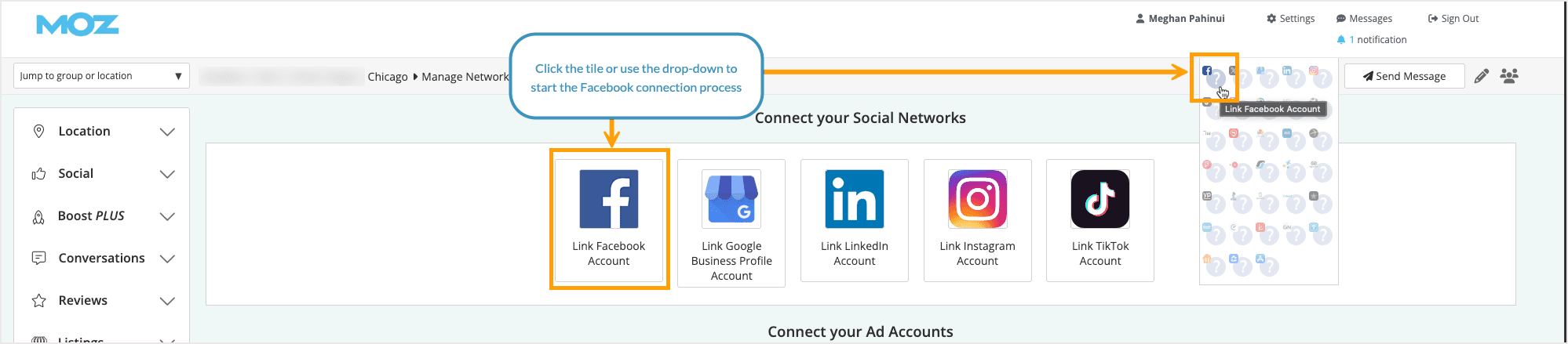 Screenshot of where to start the connection process for Facebook within Moz Local.
