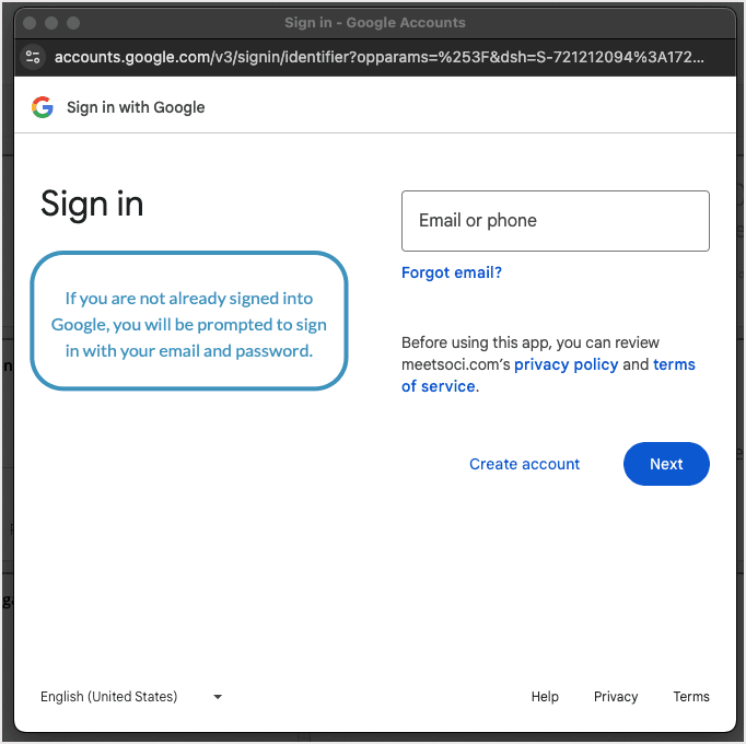 Screenshot of the Google connector window where you can sign in to Google.