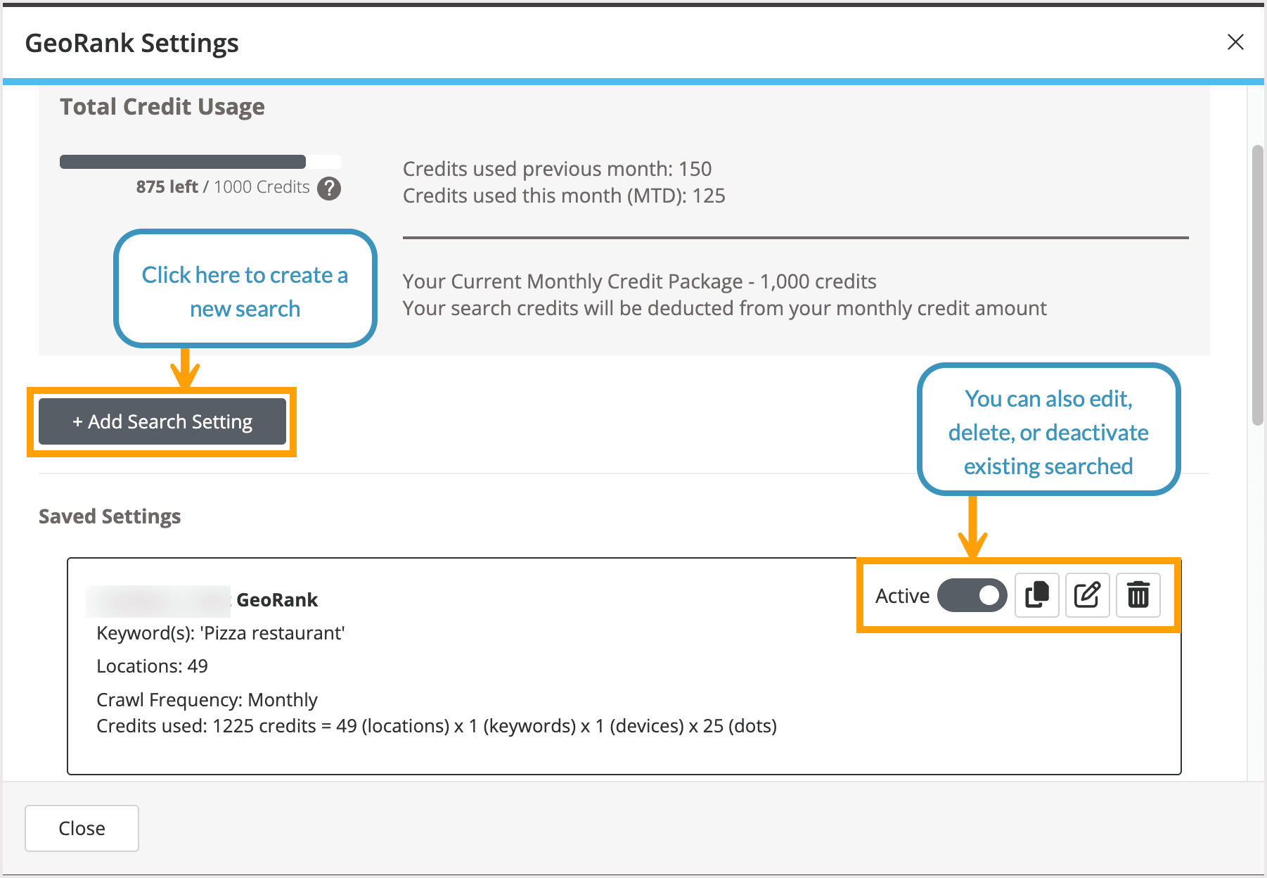 Screenshot of the option to add a search setting.