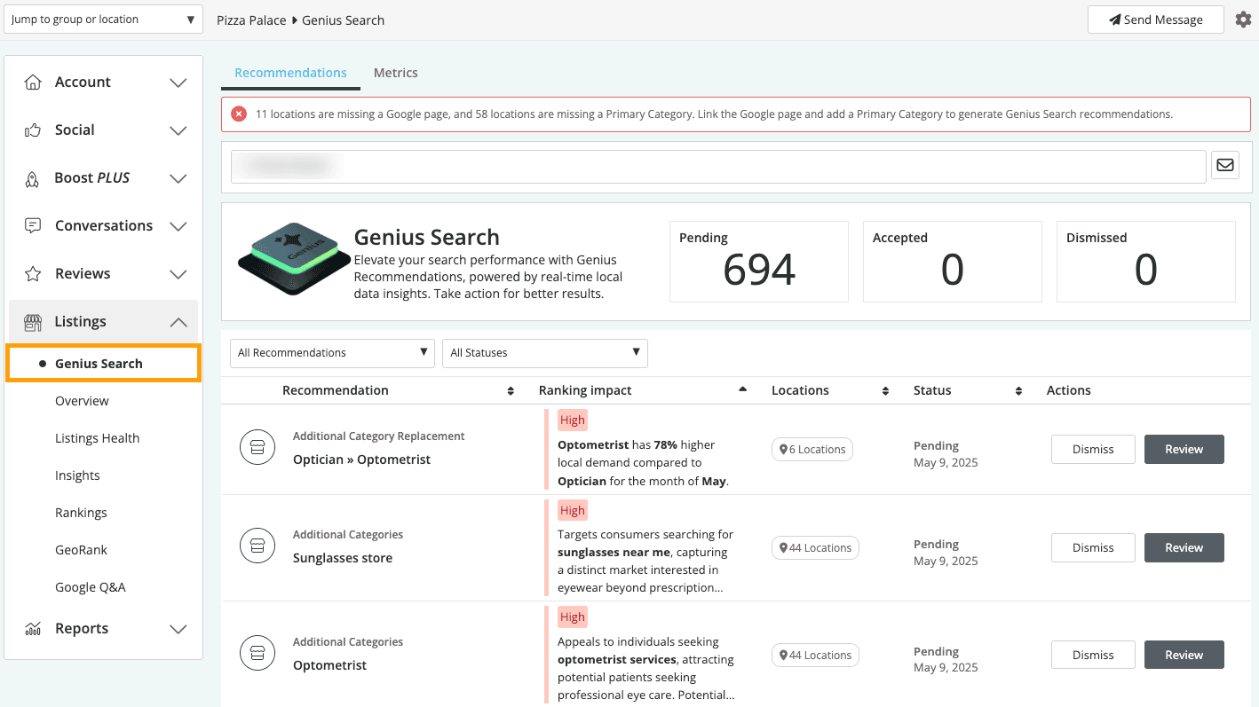 Screenshot of the Moz Local tool showing where in the left-hand navigation you can locate Listings AI.