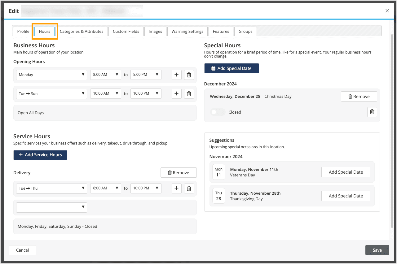 Screenshot of the hours tab within your profile.