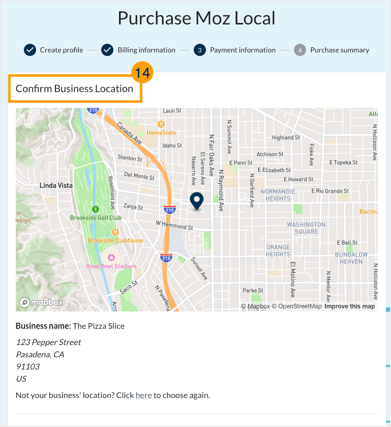 Screenshot of Moz Local purchase process where you can confirm your business location prior to purchase.