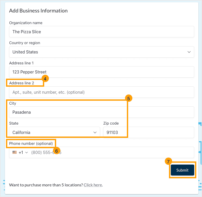 Screenshot of Moz Local purchase process and where to enter your city, state, and phone number.