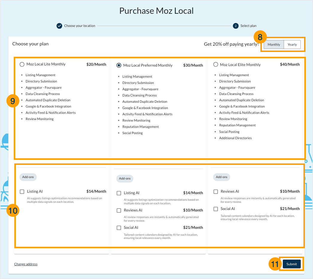 Screenshot of the purchase process for Moz Local where you can choose your plan level.