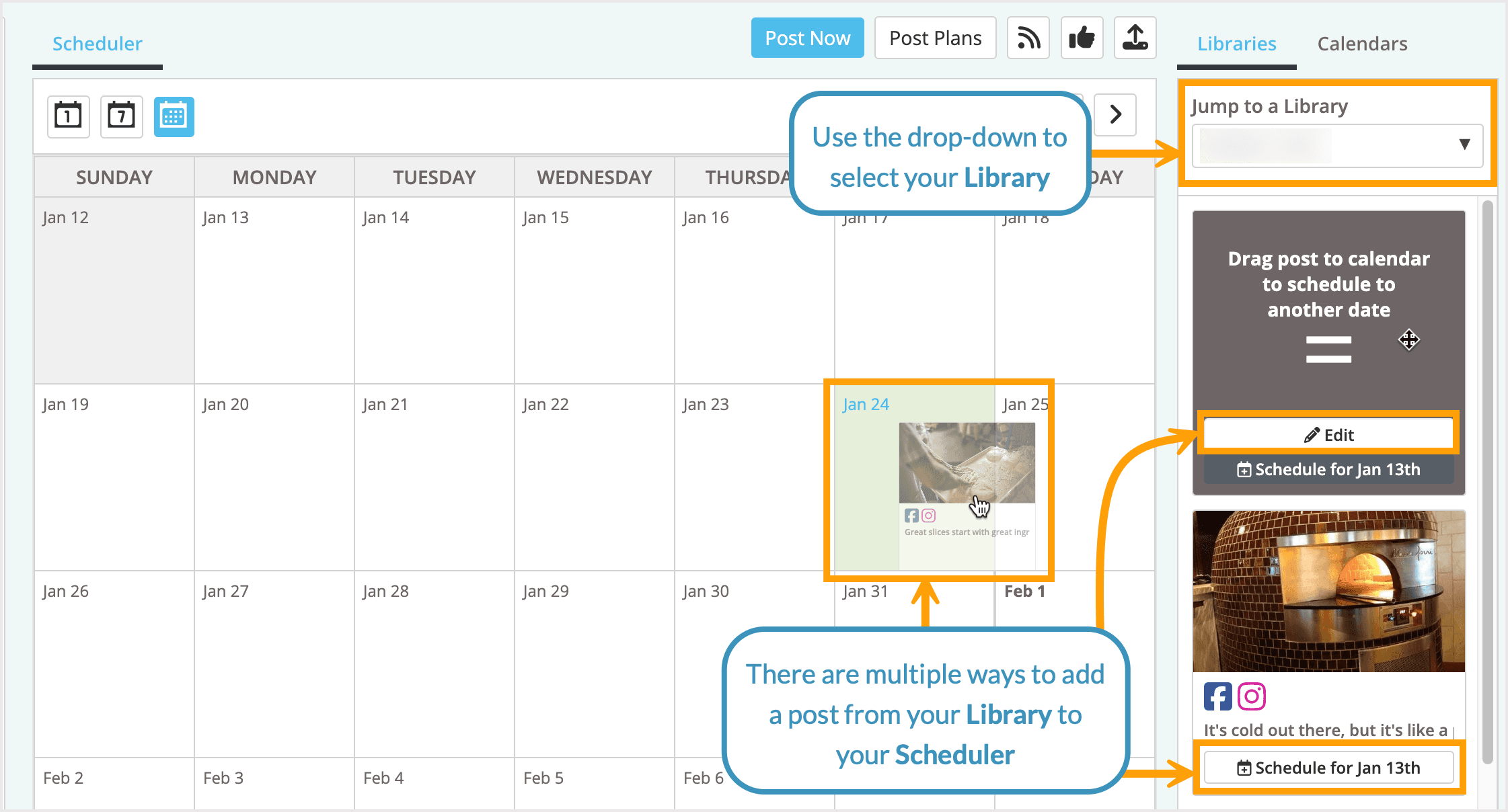 Screenshot showing the options to add a post to your scheduler from a library.