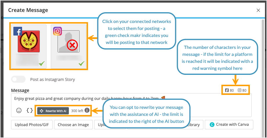 Screenshot showing the top part of the Create a Message popup.