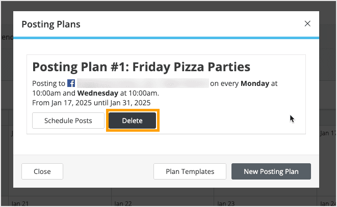 Screenshot of showing how to delete a posting plan.