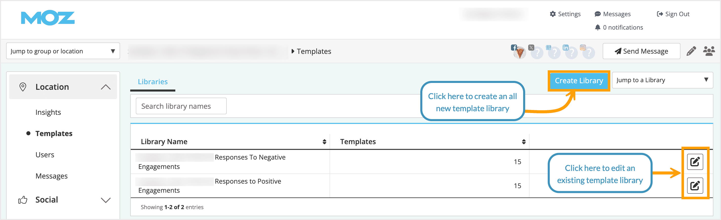 Screenshot of the Templates view with the create a library button highlighted.