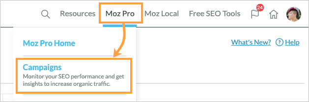 You can access your Moz Pro Campaigns from the drop-down on the top right.