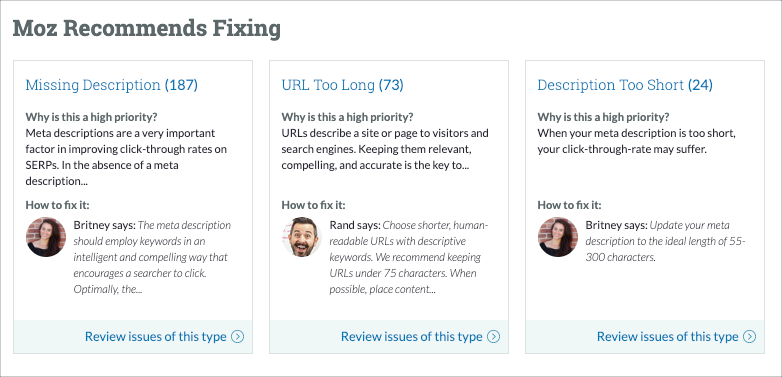 Screenshot of the Moz Recommends Fixing widget on the Site Crawl Overview page of Moz Pro Site Crawl.