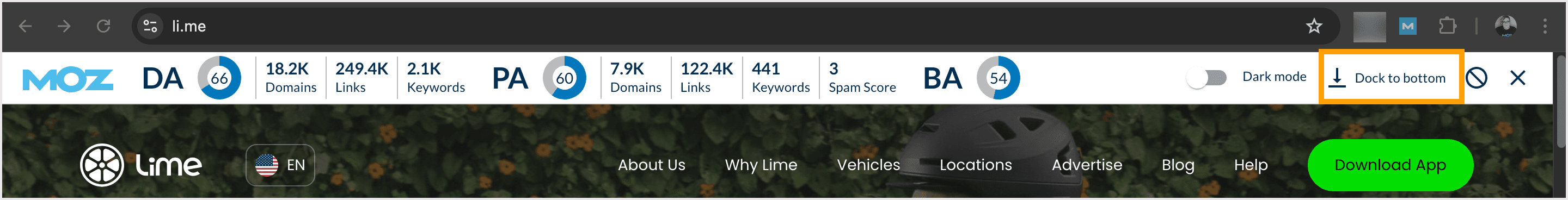Screenshot outlining where to find the "Dock to Bottom" button in MozBar.