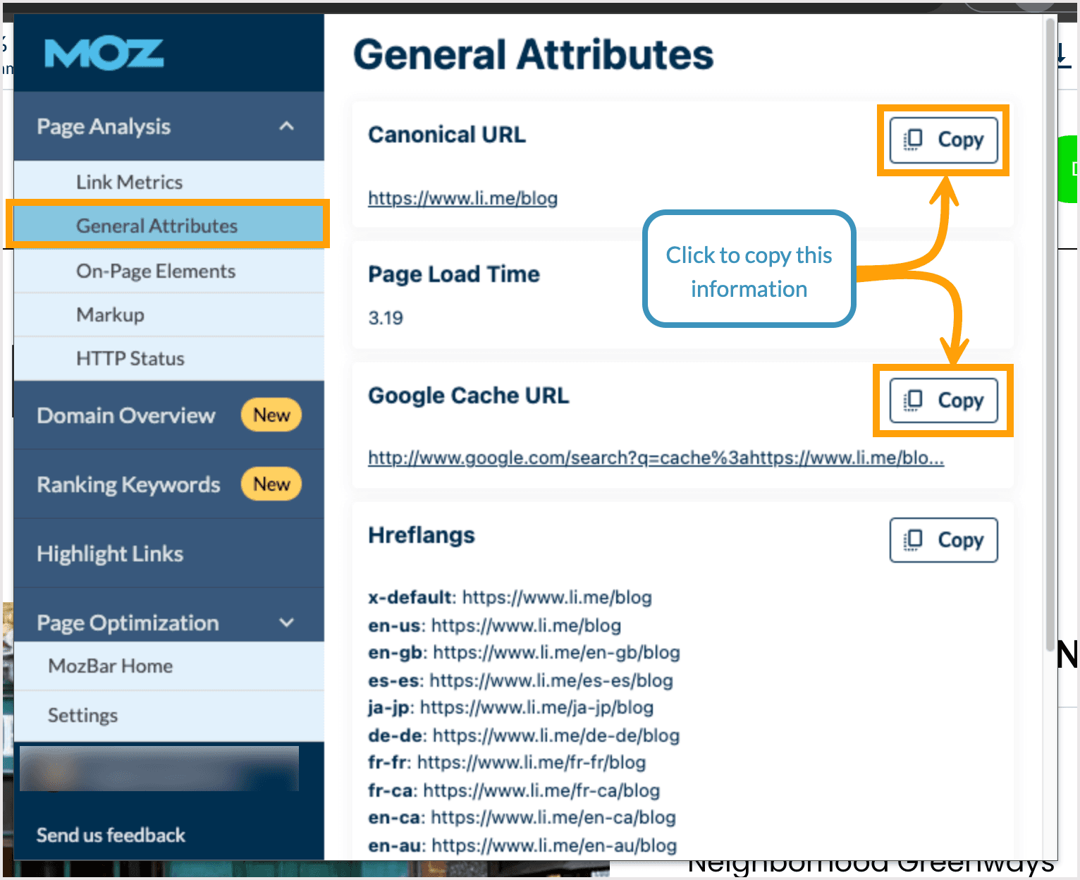 Screenshot of the General Attributes view in MozBar.
