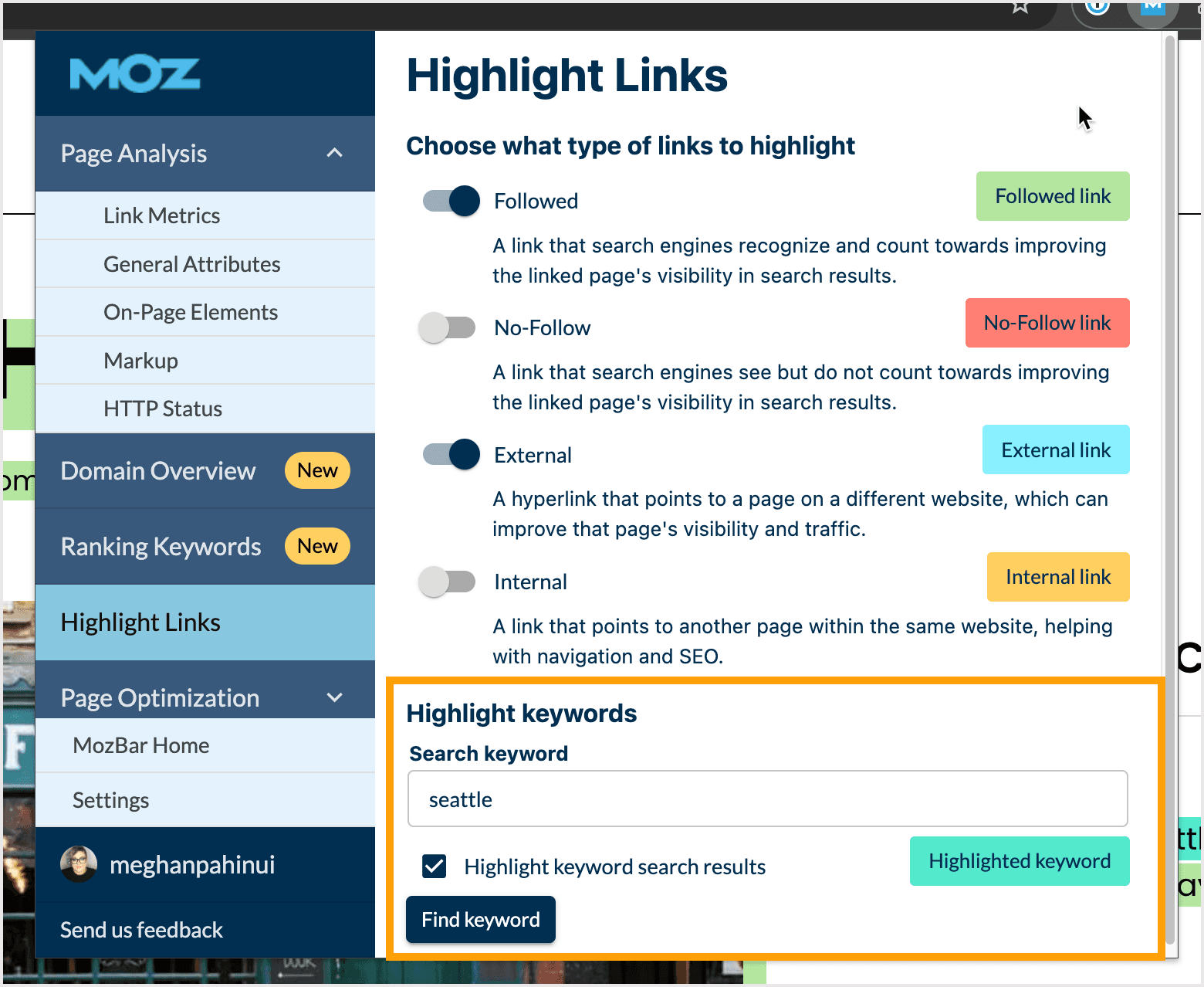 Screenshot of the highlight links section of MozBar with the Highlight Keywords option outlined.