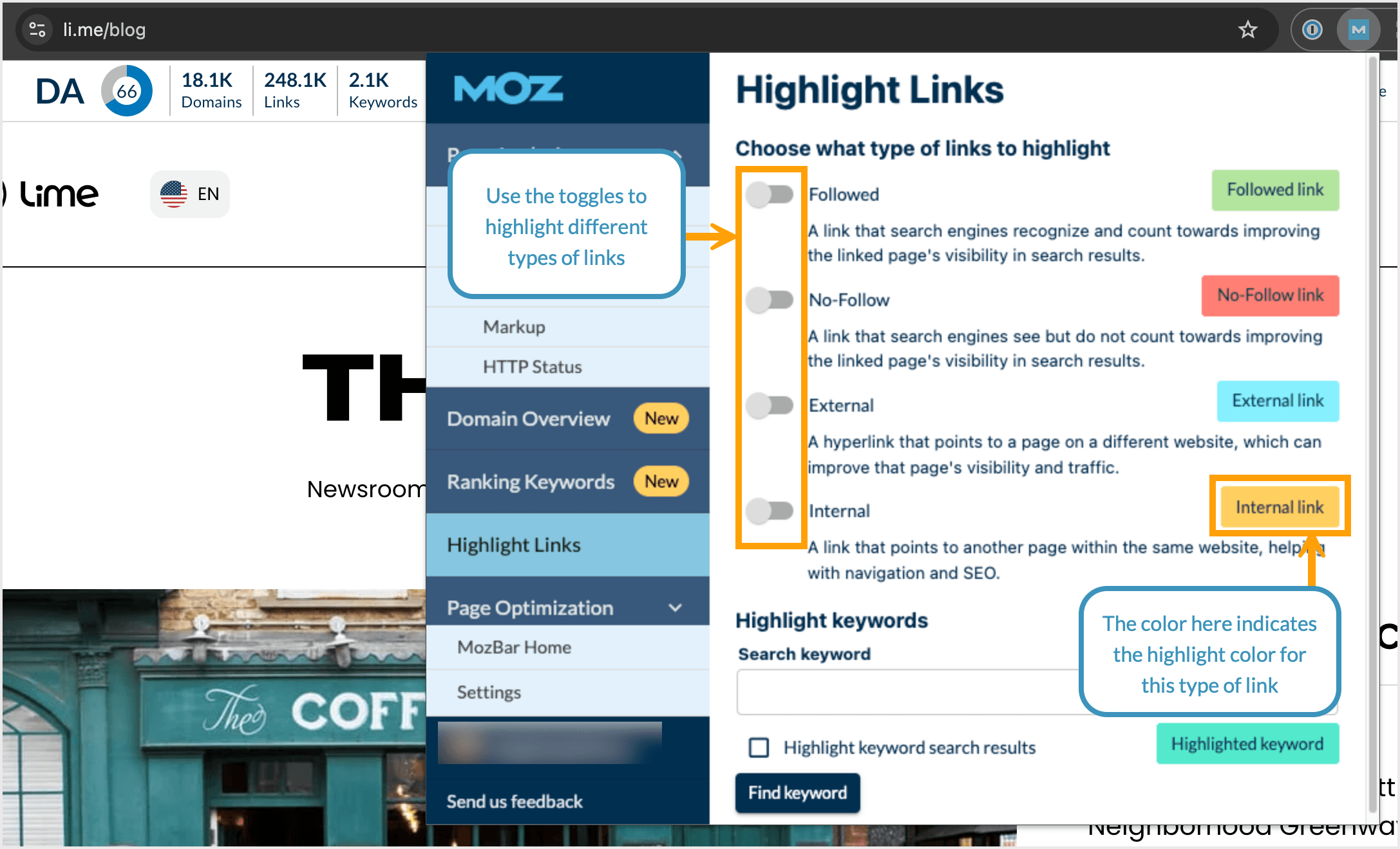 Screenshot of the MozBar highlight links options.