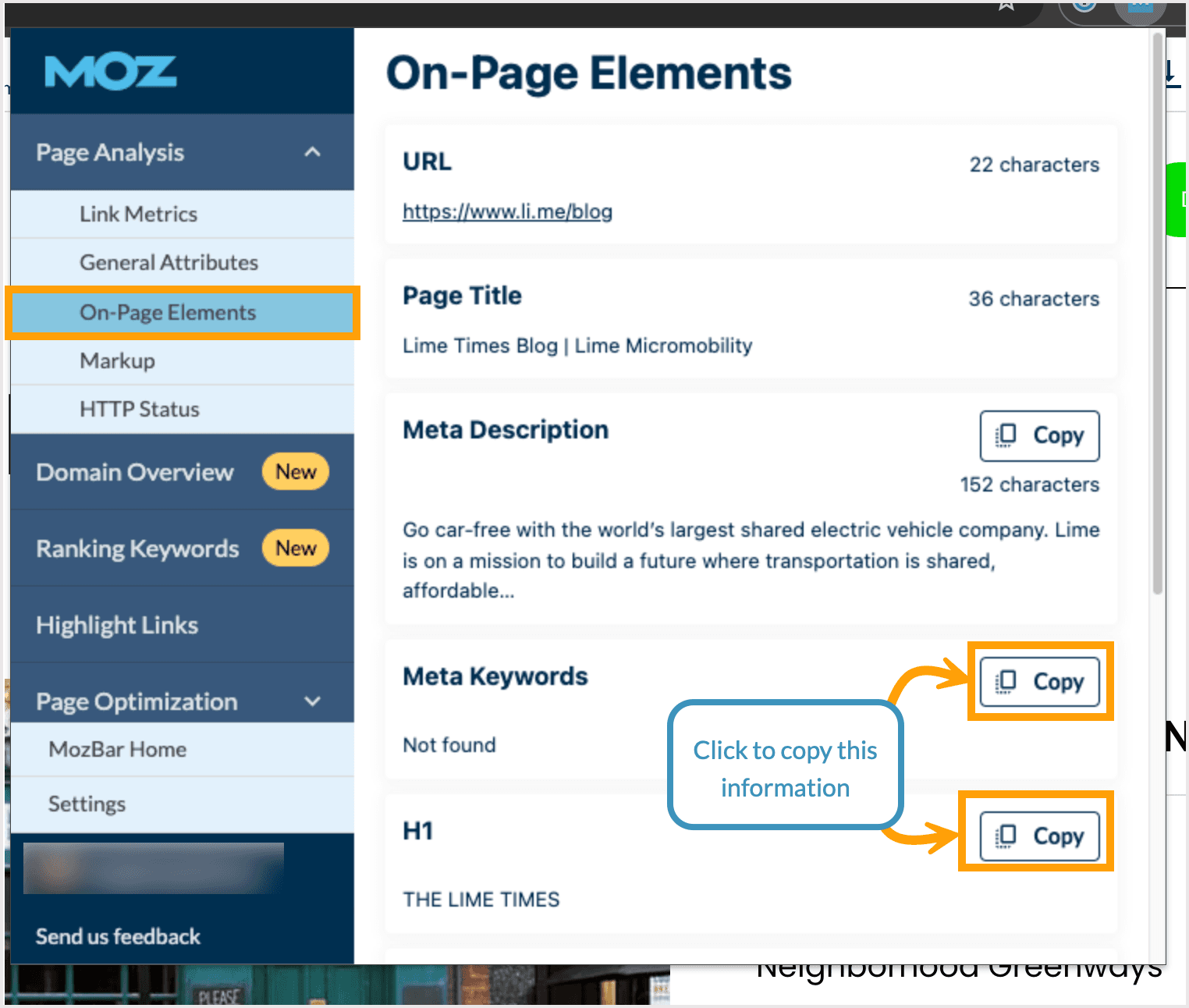 Screenshot of the On-Page Elements view in MozBar.