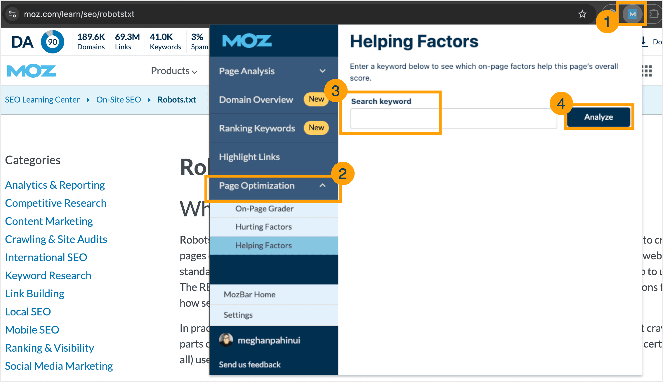 Screenshot showing how to get started with the Page Optimization section of MozBar.