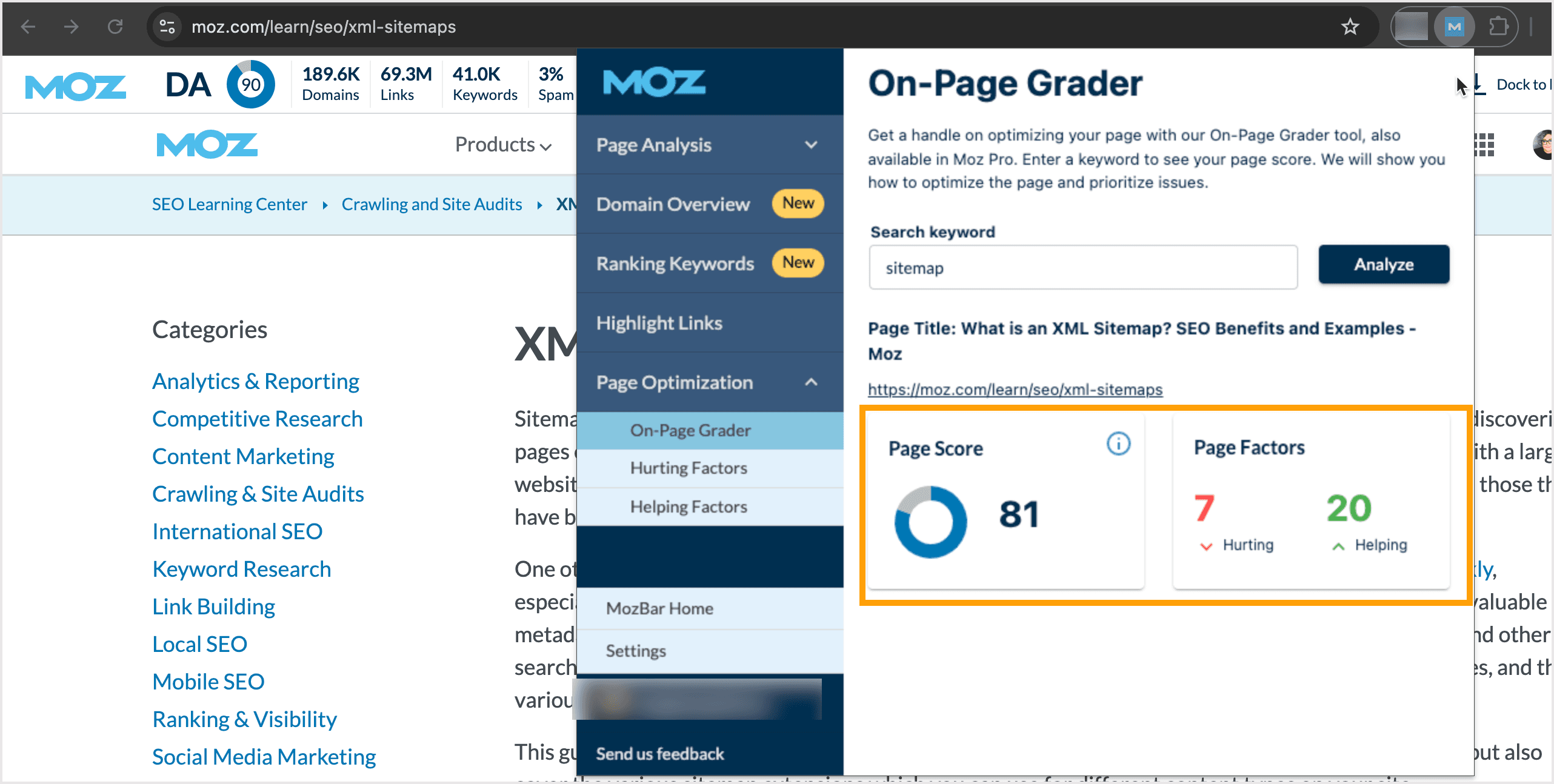 Screenshot of the On-Page grader tool in MozBar with overview metrics.